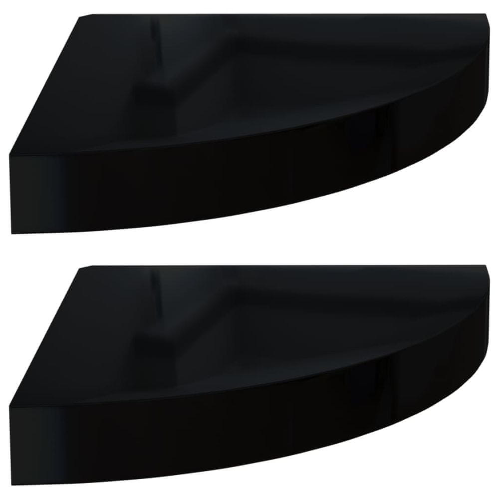 Vidaxl Plávajúce rohové police 2 ks, lesklé čierne 25x25x3,8 cm, MDF
